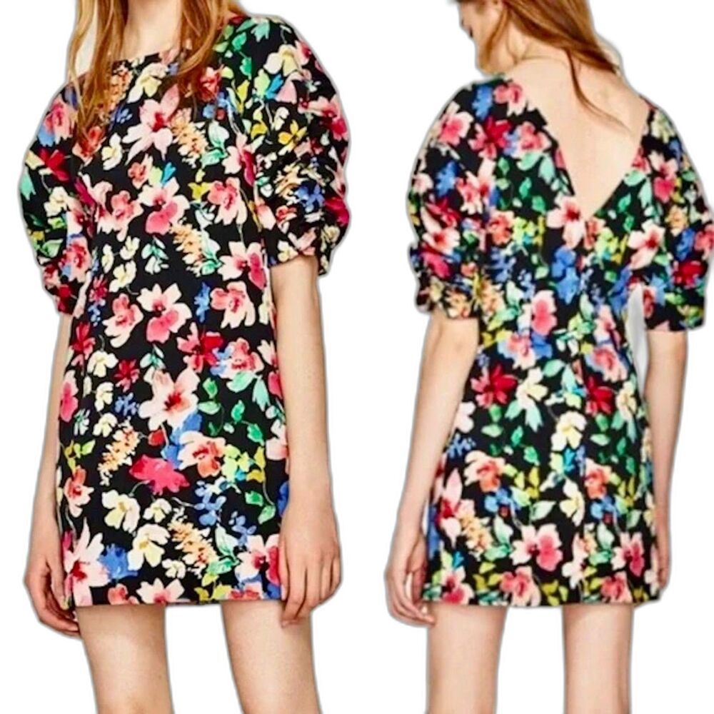 Zara Watercolor Flowers Ruched Sleeve V-Back Floral Mini Party Dress, Size S